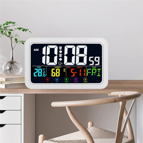 Digital Wall Clock, Digital Clock Battery Operated,8 Inch Desk Clock with Temperature Humidity Day Date White 2