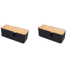 2X Cable Management Box with Bamboo Lid Small Cable Organizer Box for Extension Cord Power Stripe Surge Protector(Black)