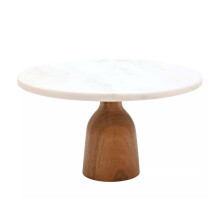 Cake Stand Round Marble with Acacia Wood Base Bake Goods Display Footed 25cm