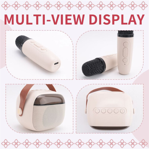 Karaoke per Bambini, Altoparlante Portatile  con 2 Microfoni Wireless Beige-Bianco 2