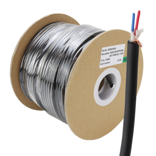 kenable Microphone Cable 2 Core Copper Screened Flexible Lead Bare Ended Reel 100m Black