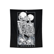 Skull Kissing Lover Black and White Tarot Skeleton Flower Wall Hanging Beach Blanket Romantic Decor,L