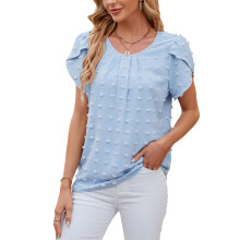 Bluză cu mânecă scurtă și volane pentru femei, croială lejeră, casual, cu material respirabil și decolteu rotund elegant, bluză de vară la
