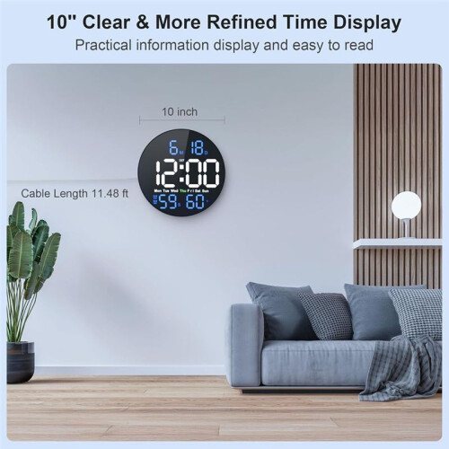 Digital Wall Clock,10 in Wall Clock with Large LED Display Seconds Display One Button Muteable Button Auto Brightness 1
