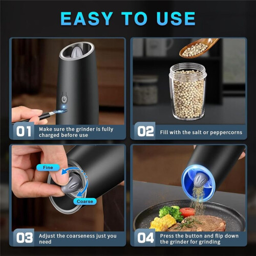 2PCS Electric Salt and Pepper Grinder Set USB Rechargeable with LED Light Automatic Spice Grinders ABS 2