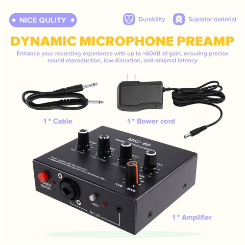 Microphone Preamp 3-Band Equalizer Balanced XLR Interface 60db Gain Mic Pre Amp for Dynamic and Condenser Mic US Plug A 1