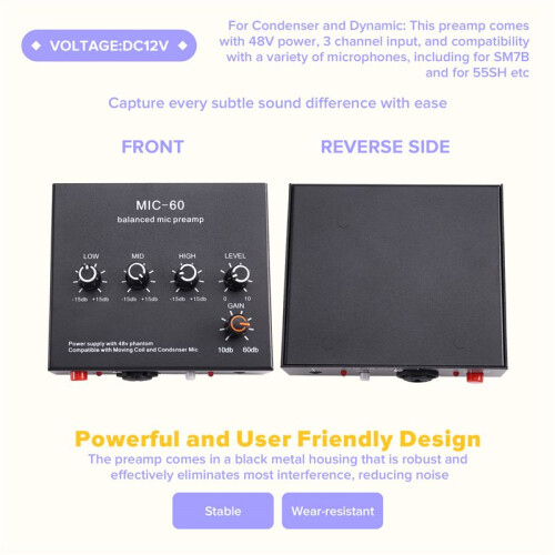 Microphone Preamp 3-Band Equalizer Balanced XLR Interface 60db Gain Mic Pre Amp for Dynamic and Condenser Mic US Plug A 2