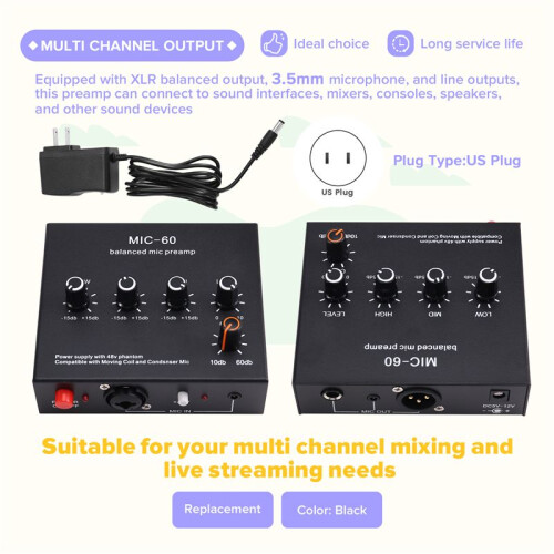 Microphone Preamp 3-Band Equalizer Balanced XLR Interface 60db Gain Mic Pre Amp for Dynamic and Condenser Mic US Plug B
