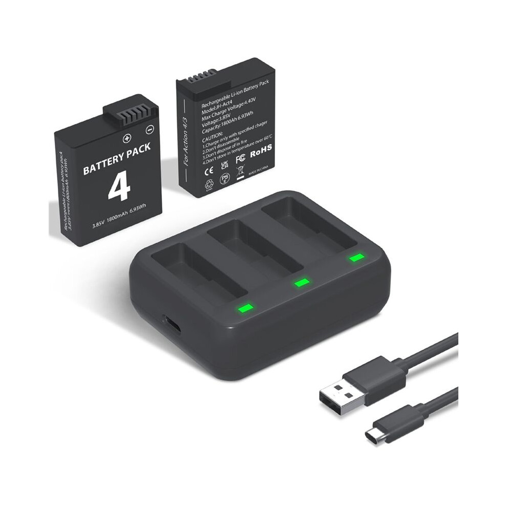 Battery Charger Pack For Osmo Action 3/4, 2-Pack 1800Mah For Osmo Action 4 Batteries, 3-Channel Charger Kit 4712843133093