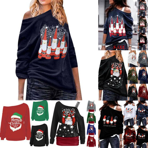 (Navy Blue Four,XL)Damen Weihnachtspullover Pulli lockeres Sweatshirt Damen Weihnachtskleid Tops Bluse 2