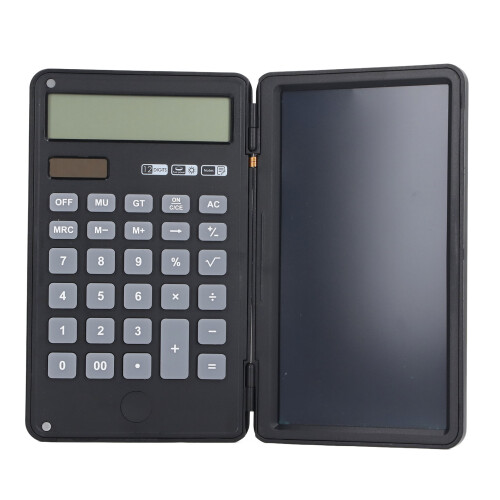 Foldable Electronic Handwriting Calculator 12-Digit Black with CR2025 Battery