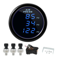 52mm LED Air Pressure Gauge Triple Dual Display Air Ride Suspension Gauge with 1/8NPT Sensors for Car Truck Gauge