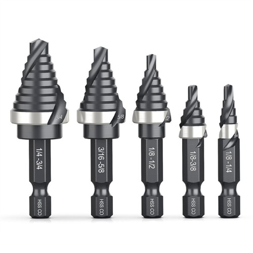 M35 Cobalt Spiral Flute Step Drill Bit Set, 5 Pcs Single Size HSS Step Bits (1/8"-3/4"), with 1/4" Shank Step Bits 1