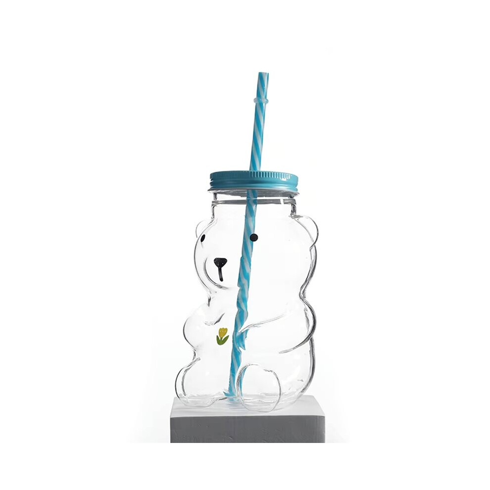 LittleBear Glass Straw Cup, Fresh and Heat-Resistant, Cute Bear Juice, Coffee, and Milk Cup,Borosilicate Glass