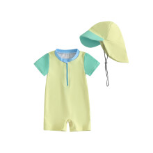 (6-12 Months, Yellow) Baby Boy Rash Guard Swimsuits Cute Contrast Color Long Sleeve Zip Up Bathing Suit with Hat