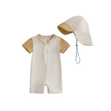 (3-6 Months, Beige) Baby Boy Rash Guard Swimsuits Cute Contrast Color Long Sleeve Zip Up Bathing Suit with Hat