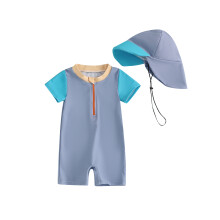 (18-24 Months, Blue) Baby Boy Rash Guard Swimsuits Cute Contrast Color Long Sleeve Zip Up Bathing Suit with Hat