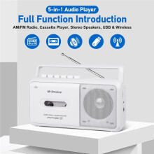 Portable Retro Cassette Recorder Player Boombox AM/FM Radio Stereo Casette Tape Player Recorder with Antenna,White,(US)