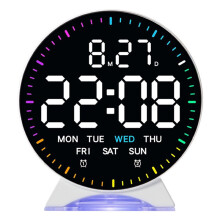 LED Digital Alarm Clock Week Date Second Hand Display Brightness Adjustable 2 Alarms Table Ambient Light 12/24H Clock
