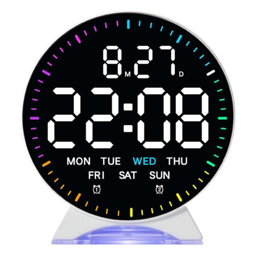 LED Digital Alarm Clock Week Date Second Hand Display Brightness Adjustable 2 Alarms Table Ambient Light 12/24H Clock
