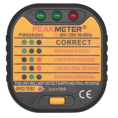 PEAKMETER US Plug Ground Checker PM6860EU Socket Tester with 30mA RCD Phase Detection Circuit Breaker Finder