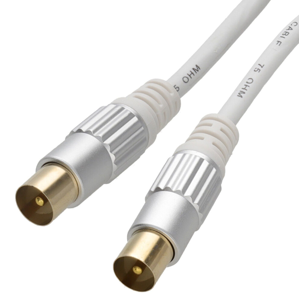 Pro Hq Metal Rf Tv Aerial Freeview Plug Video Coax Cable Fly Lead 2M Gold/White 5054338122427