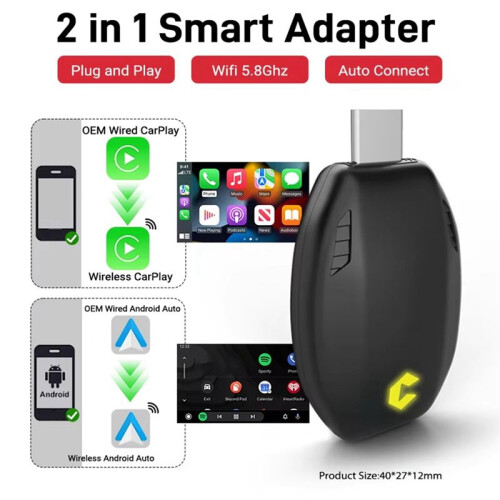 New Wired to Wireless Carplay  Adapter 2in1 Android Auto  Box Plug and  WiFi Fast Connection USB Type-C 1