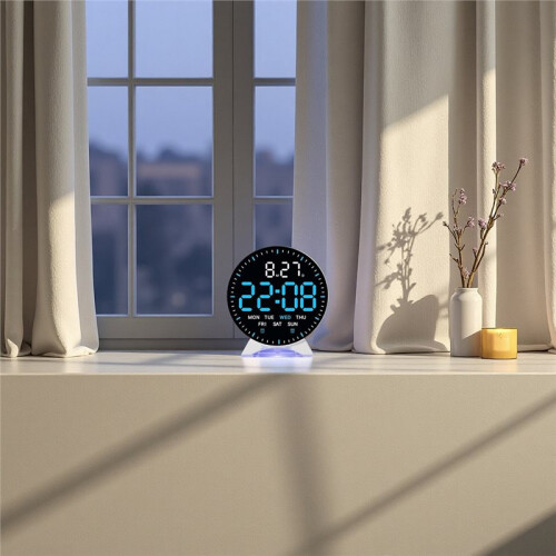 LED Digital Alarm Clock Week Date Second Hand Display Brightness Adjustable 2 Alarms Table Ambient Light 12/24H Clock 1