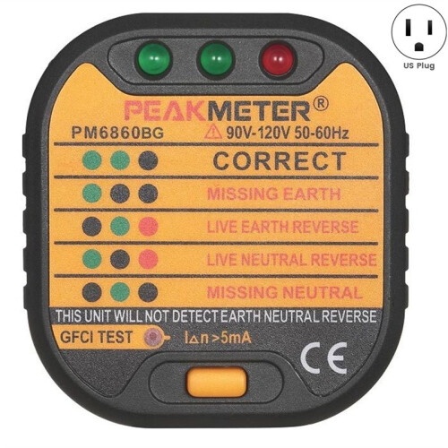 PEAKMETER US Plug Ground Checker PM6860EU Socket Tester with 30mA RCD Phase Detection Circuit Breaker Finder 1