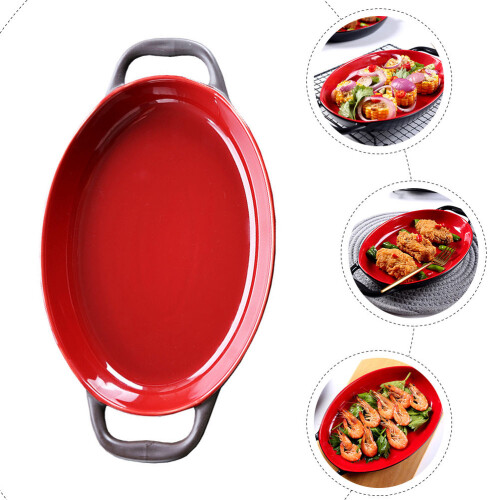 Plat Céramique Rouge Décoré Poignées Double Usage Cuisson 2