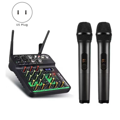 Audio Mixer with 2 Wireless Microphone 4 Channel UHF USB Delay Repaeat Effect Sound Mixing Console for PC Recording US 2