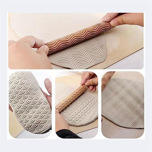Set of 6 Wood Clay Modeling Pattern Rollers Kit, Clay Rolling Pin Textured Hand Roller Wooden Handle Pottery Tools Set
