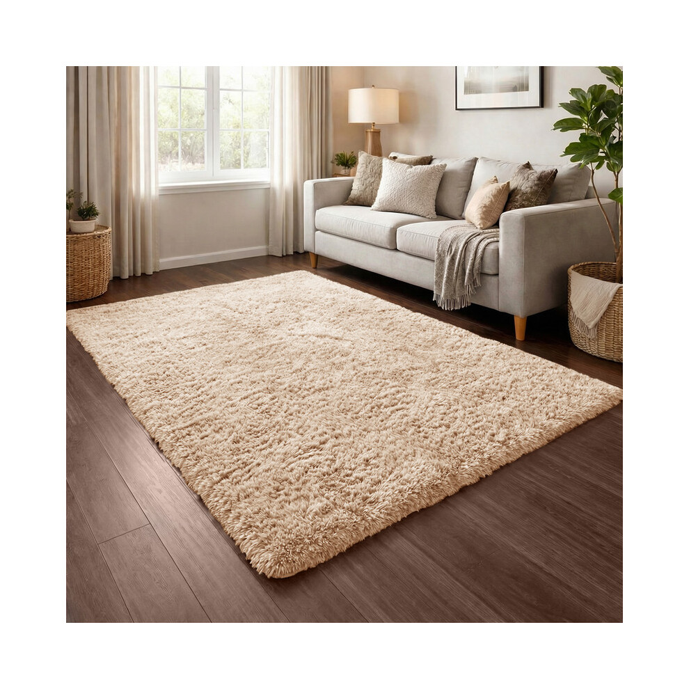 Imperial Rooms (Beige) Shaggy Rug 140X200cm (4.6Ftx6.6ft) Luxury Faux Fur Area Rug - Super Soft Durable Carpet Uk