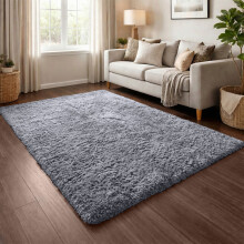 (Grey) Shaggy Rug 140x200cm (4.6ftx6.6ft) Luxury Faux Fur Area Rug - Super Soft Durable Carpet UK