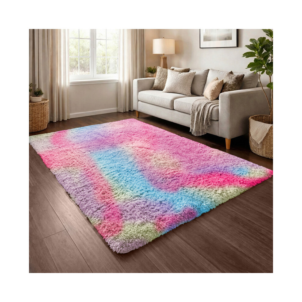 Imperial Rooms (Rainbow) Shaggy Rug 140X200cm (4.6Ftx6.6ft) Luxury Faux Fur Area Rug - Super Soft Durable Carpet Uk