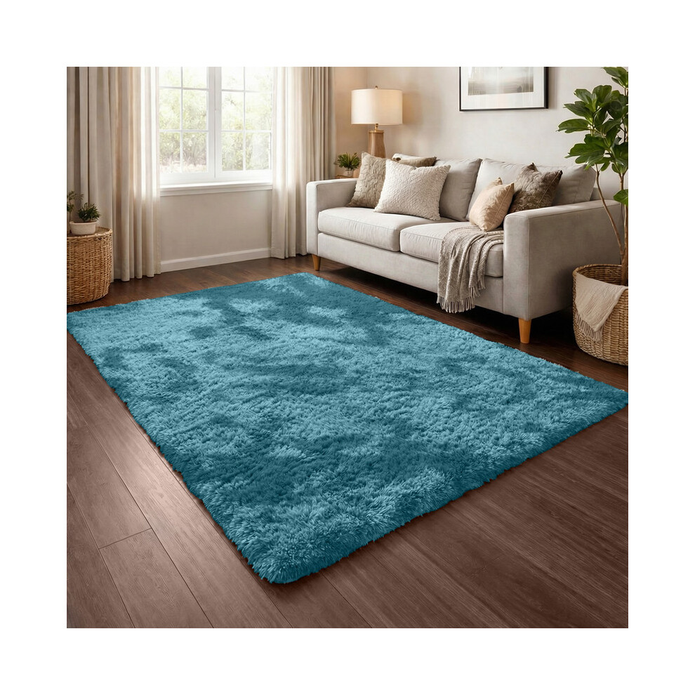 Imperial Rooms (Tie Dye Teal) Shaggy Rug 140X200cm (4.6Ftx6.6ft) Luxury Faux Fur Area Rug - Super Soft Durable Carpet Uk