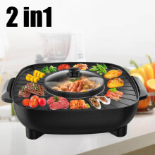 2 In1 Non-Stick Electric Skillet Pot Hot Pot BBQ Oven Barbecue Cooker Frying Pan