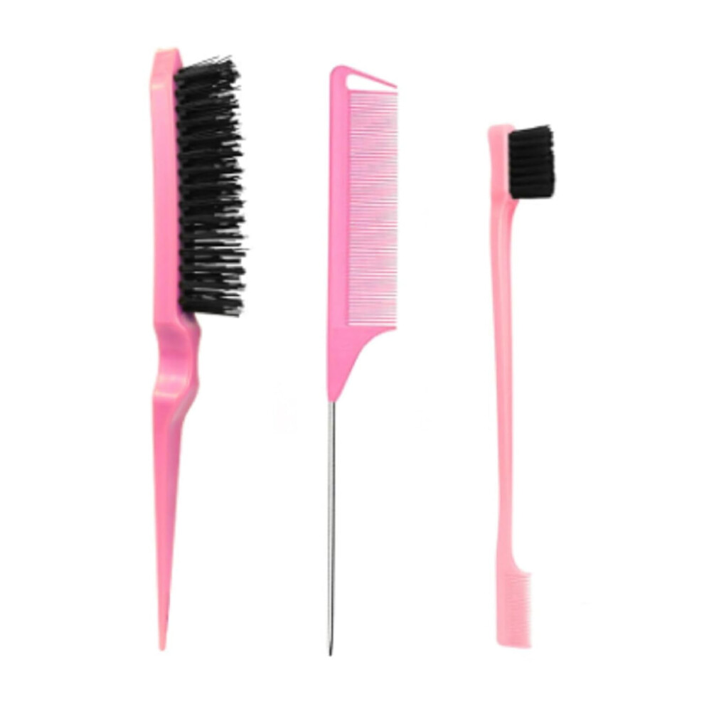 Hair Brush Set - 3 Pcs, Slick Back, Rat Tail, Teasing Comb For Kids And Baby Hair Smoothing Pink