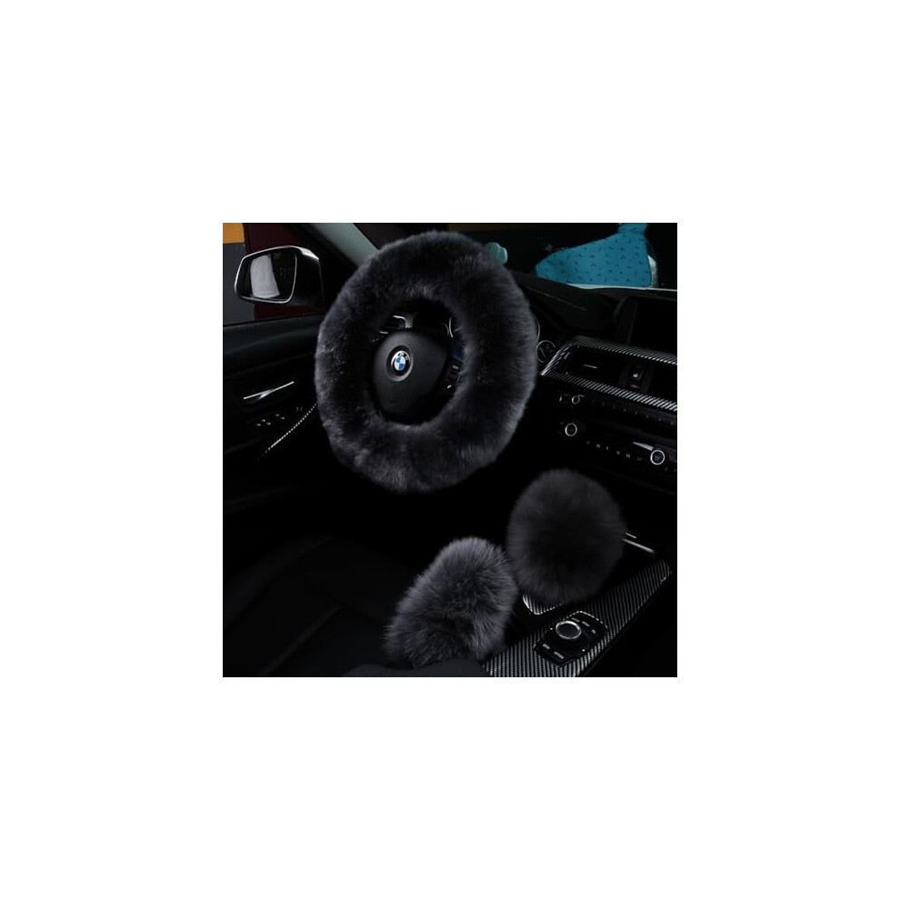 3Pcs Fluffy Wool Steering Wheel, Handbrake & Gear Shift Cover Set For Women Â 14.5-15.5" (Steel), Compatible With Most Cars 9426043955700