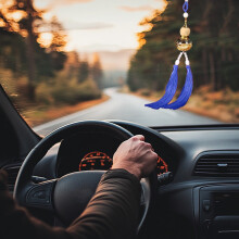 Ankereame Blue Plastic Car Rearview Mirror Pendant - Tassel Ornament with Auspicious Clouds, Interior Decor, Easy to Hang