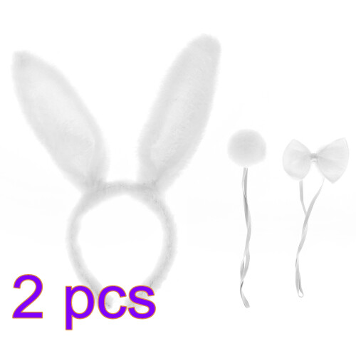 2Sets White Rabbit Ear Bunny Headband Bow Tie Tail Cosplay Set