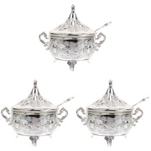 3Pcs Condiment Jars Zinc Alloy Glass Set Silver for Home and Kitchen
