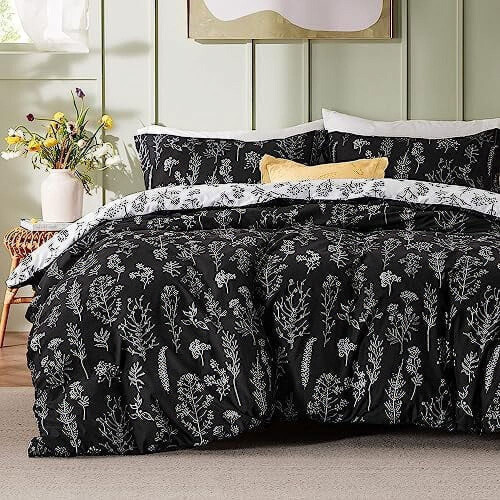 Black Floral Comforter Set 3-Piece Reversible Botanical