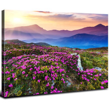Quadro em tela com estampa de montanha e flores silvestres roxas, 30x40cm