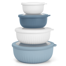 8-Pc Nesting Mixing Bowl Set with Lids, Dishwasher Safe, Space-Saving, Compatible with Meal Prep & Baking – Blue/White