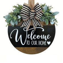 Farmhouse Welcome Door Sign – Handcrafted Wood Hanger with Eucalyptus, Rustic Bow, Porch Decor & Housewarming Gift