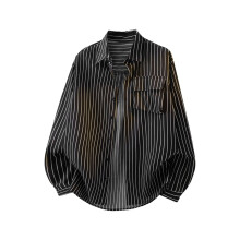 Mens Long Sleeve Tee Shirts Solid Stripe Dressy Blouses Classic Button Lapel Tee Tops for Man