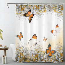 Oranžový sprchový závěs s motýly a květinami, polyester, 60x72