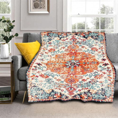 Boho Flannel Throw Blanket 40 x 50 in Orange Blue 1