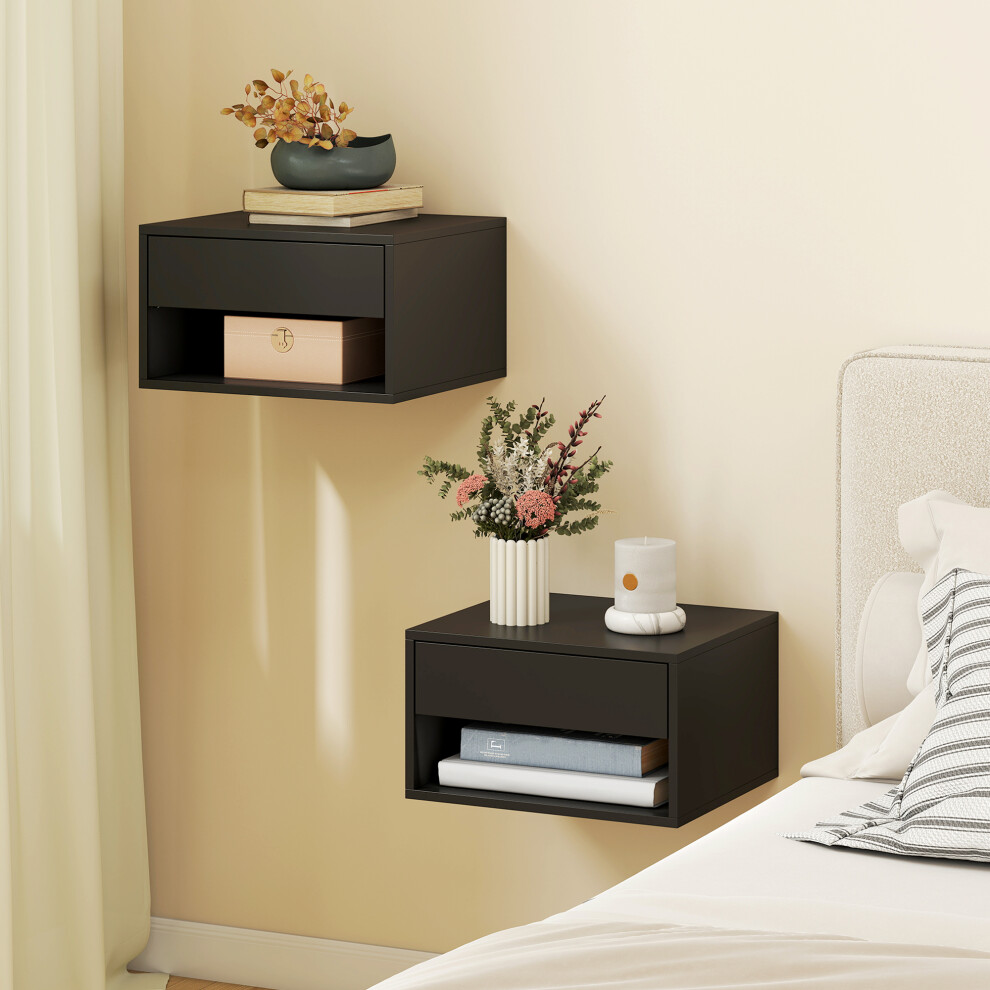 Homcom Floating Nightstands Set Of 2, Bedside Table W/ Drawer And Open Shelf